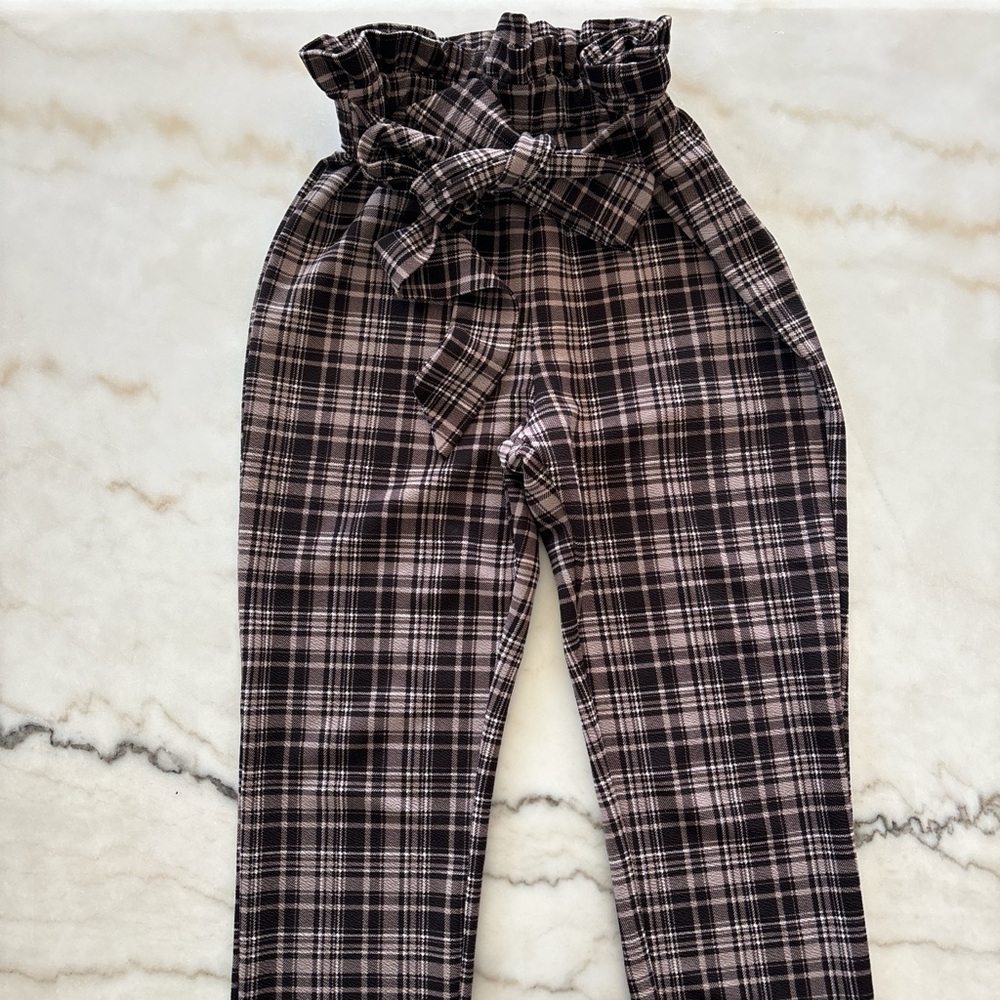 SHEIN Plaid Paperbag Pants L 8 10 High Waist Tartan Check Tie Belt Trousers Work